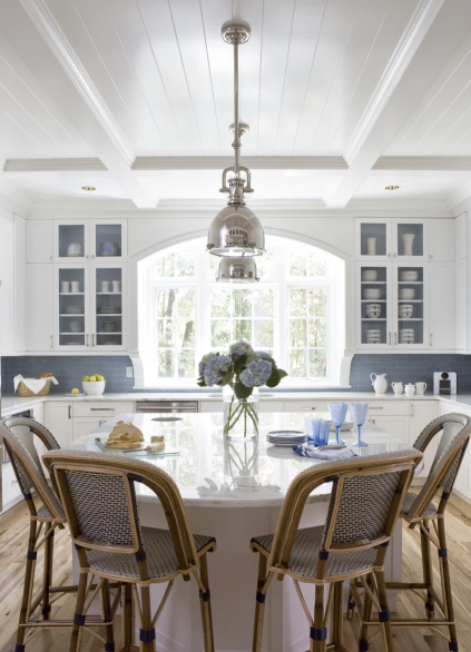 Awesome ceilings.  awesome pop of blue in cab backs and backsplash.  really great space