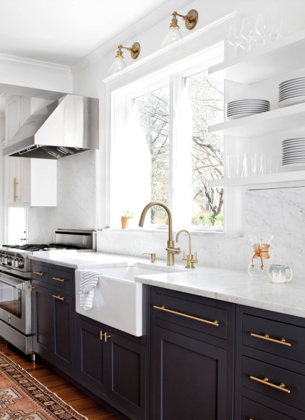 Love the navy cabinet color with white walls and shelves and counters